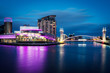 The Lowry at night, Salford Quays, Manchester, United Kingdom.