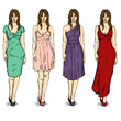 Vector Set of Sketch Female Fashion Models. Dress.