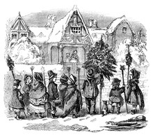 An Engraved Illustration Drawing Of Children Singing Christmas Day Morning Carols  From A Vintage Victorian Book Dated 1878 That Is No Longer In Copyright