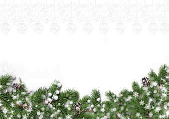 winter tree border with decorations isolated on white background