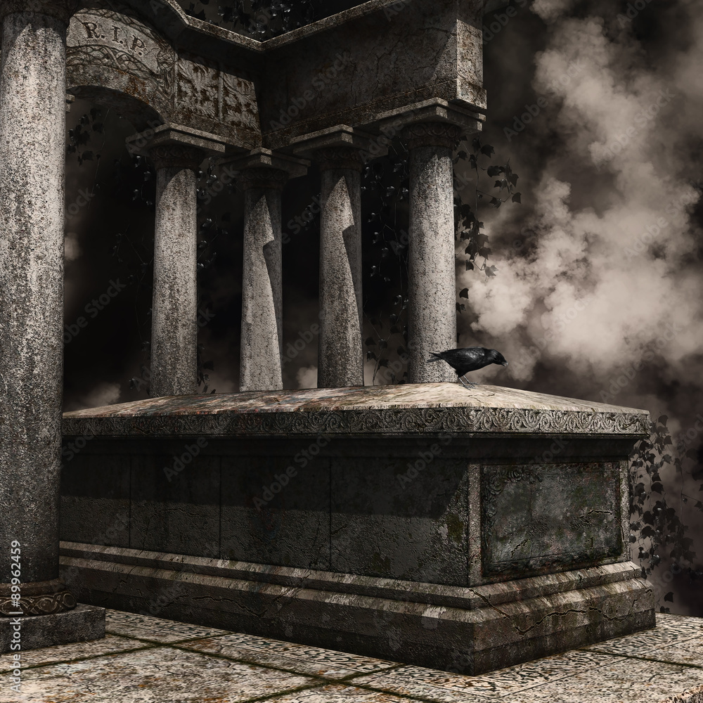 Gotycki grób z krukiem i bluszczem w ponurej scenerii - obrazy, fototapety, plakaty 
