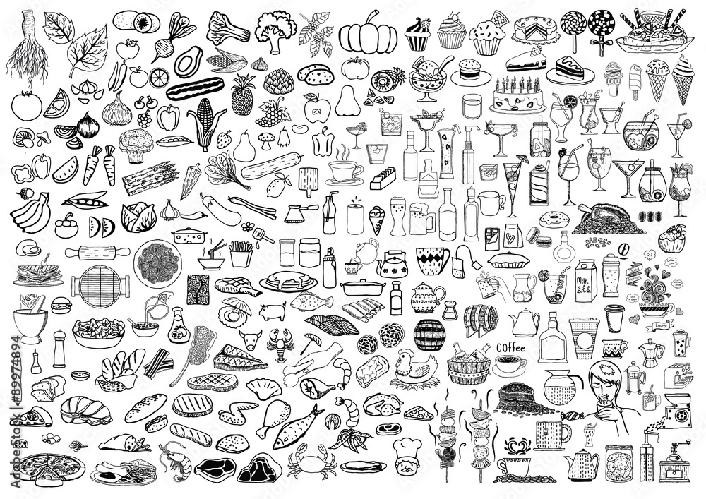 Set of food and drinks doodle on white background. - obrazy, fototapety, plakaty 