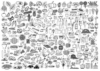 set of food and drinks doodle on white background.
