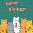 Funny cats with gifts. Birthday vector card template. 