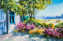 Oil Painting Landscape - Garden Near The House, Colorful Flowers, Summer Forest