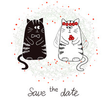 Funny Cats, Bride And Groom. Wedding Invitation. Hand Drawn Vector Illustration. 