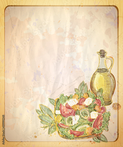 Plakat na zamówienie Old empty paper backdrop with graphic illustration of greek salad.