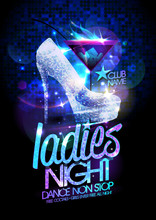 Ladies Night Poster With High Heeled Diamond Crystals Shoes And Cocktail.
