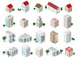 Set of 3d detailed isometric city buildings: private houses, skyscrapers, real estate, public buildings, hotels. Building icons collection