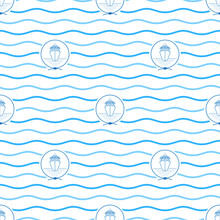 Seamless Pattern With Cruise Ship Emblem, Blue  Liner In The Middle Of A Rope  On A Background Of  Blue Waves, Seamless Pattern With Marine Element For Web Design Or Wallpaper Or Fabric, Vector