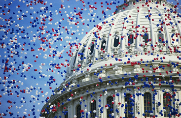 Wall Mural - This is the U.S. Capitol during the Bicentennial of the Constitution Celebration. There are red, white and blue balloons falling around the Capitol Dome. It marks the dates that commemorate the Centennial 1787-1987.