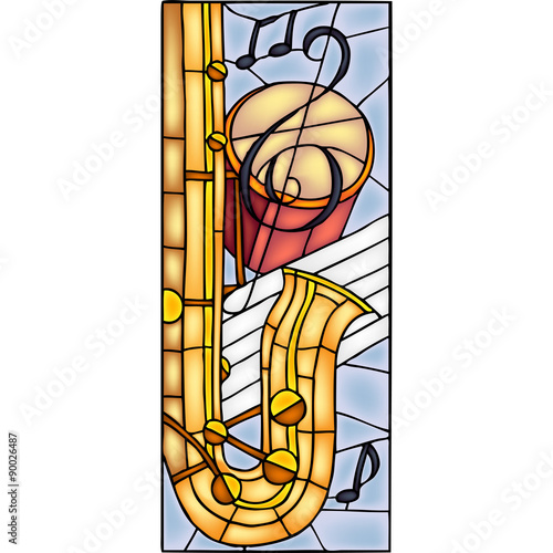 Fototapeta na wymiar Musical instruments stained glass window, vector