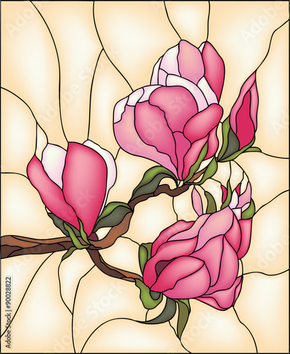 Naklejka - mata magnetyczna na lodówkę Magnolia;ia. Stained glass window, vector