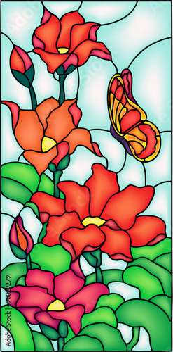 Obraz w ramie Floral composition with butterfly, stained glass window