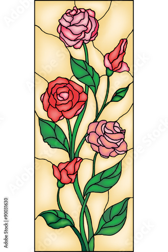 Obraz w ramie Red roses and bouton. Stained glass window