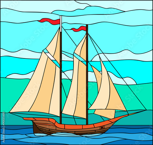 Naklejka ścienna Vector illustration of sailing ships in stained-glass window frame