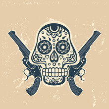 Hand Drawn Skull With Guns On A Grungy Background In Vintage