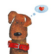Dog in red dog collar with heart. Watercolor and gouache Illustration