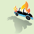 burning car crash icons posed on its side