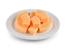 Sliced Cantaloupe Melon On White Plate On White Background