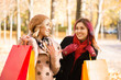 © Acronym - Two girls having a pleasant talk while walking the autumn park.