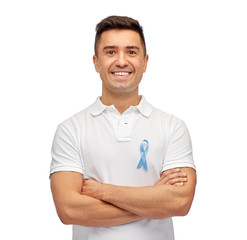 happy man with prostate cancer awareness ribbon