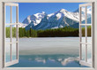 Panoramic view to Canadian Rockies Mountains from open window