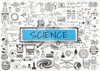 Science doodles on white grid paper background with light blue transparent frame.