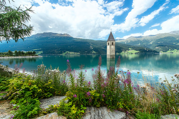 Bell tower of the Reschensee (Resia) South Tyrol Italy