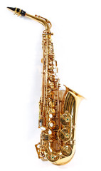 Wall Mural - Golden saxophone isolated on white