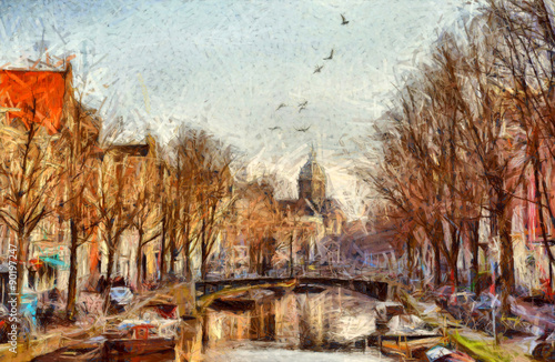 Nowoczesny obraz na płótnie Amsterdam canal at morning impressionistic painting