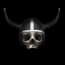 Retro Motorcycle Helmet With Bull's Long Horns On The Skull On Black Background.