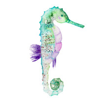Illustration Of Isolated Green Seahorse Painted In Watercolor On A White Background