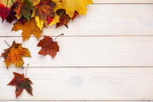 Autumn Background With Colorful Leaves On Wooden Background
