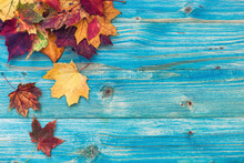 Autumn Background With Colorful Leaves On Wooden Background
