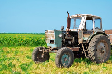 Sticker - Tractor in field on blue sky background