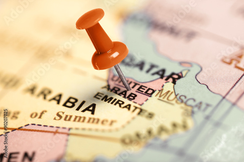 Fotografie, Obraz Location United Arab Emirates. Red pin on the map.
