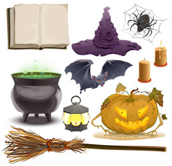 Wall Mural - set halloween objects accessories. pumpkin ,lantern, hat, broom, cauldron, spider, bat and old book