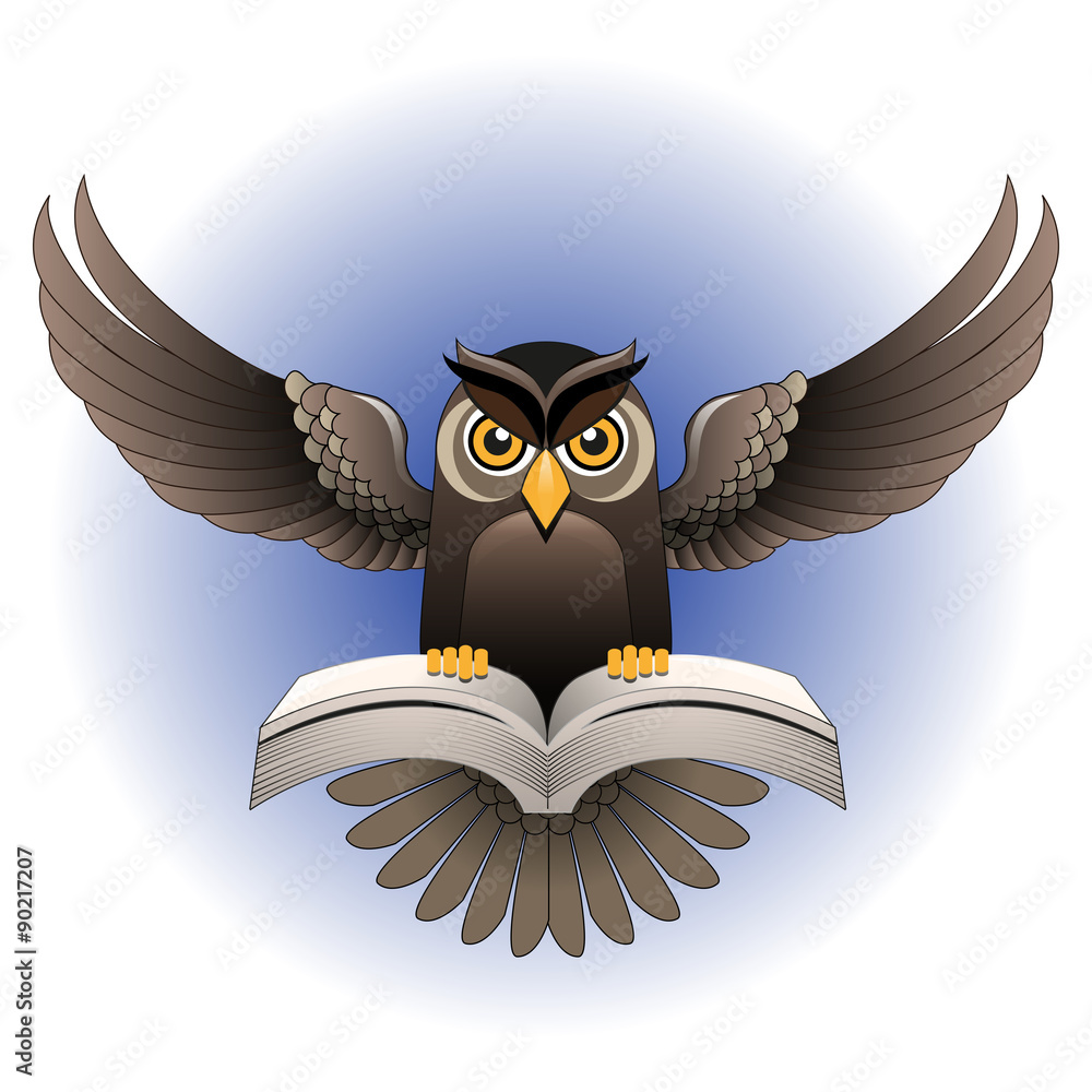 Vector, Owl flapping wings, clutching an open book, as a symbol of ...