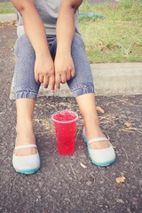 Wall Mural - Woman and strawberry drink with shoes