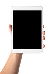Wall Mural - man's hand holding white tablet with blank black screen - isolated on white
