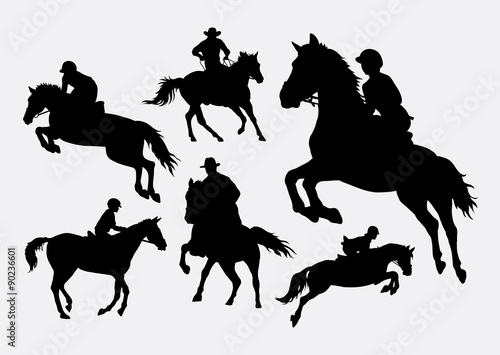 Fotografía Male and female people riding horse sport action silhouettes