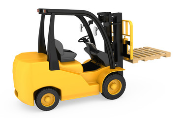 Forklift with raised wooden pallets on a fork