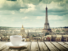 Background With Cup Of Coffee And Eiffel Tower In Paris