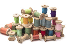  Set Of Colored Thread For Sewing On Wooden Spools, Vintage