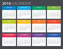 2016 Calendar - Illustration. Vector Template Of Color 2016 Calendar.