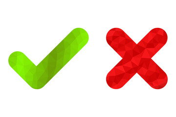 Polygon style green check mark and red cross with rounded edges isolated on white background. Modern geometric design for yes and no answers.