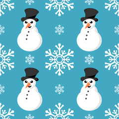 Wall Mural - seamless christmas pattern with cartoon snowman and snowflakes on blue background