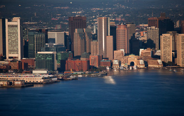 Sticker - AERIAL morning view of Boston Skyline and Financial District and Wharf area, Boston, MA.