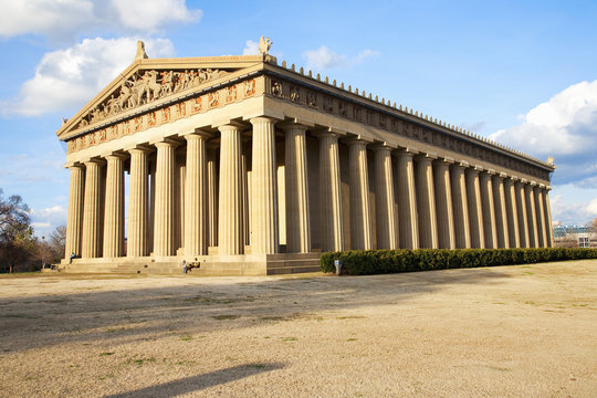 the parthenon, nashville, tennessee, centennial park, full scale replica of greek parthenon at sunse